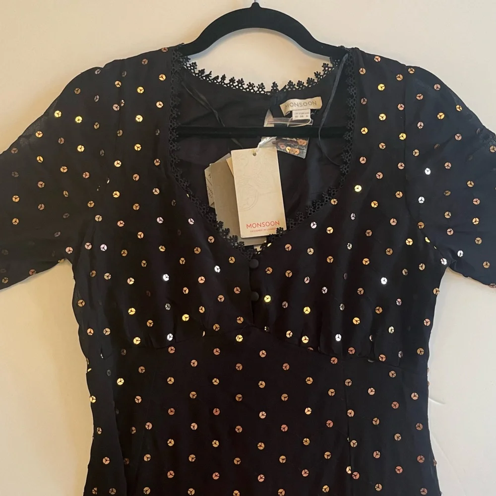 Monsoon Black Midi Dress with Gold sequin and lace detailing - Picture 7 of 9